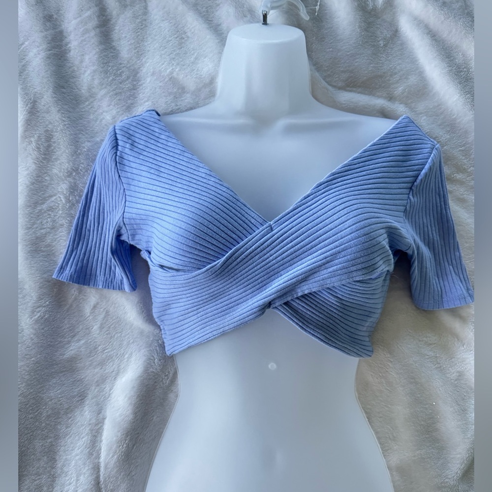 Forever 21 Light Blue Ribbed Crossover Crop Top